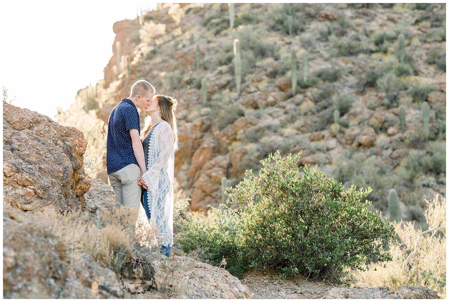 Golden Hour Engagement Session in Tucson Arizona at  Gates Pass Photographed by Melissa Fritzsche Photography.