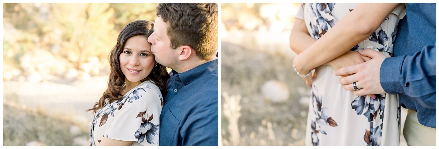 What to wear to your desert engagement session. Couple wears blue and ivory to their engagment session at Catalina State Park in Tucson Arizona.