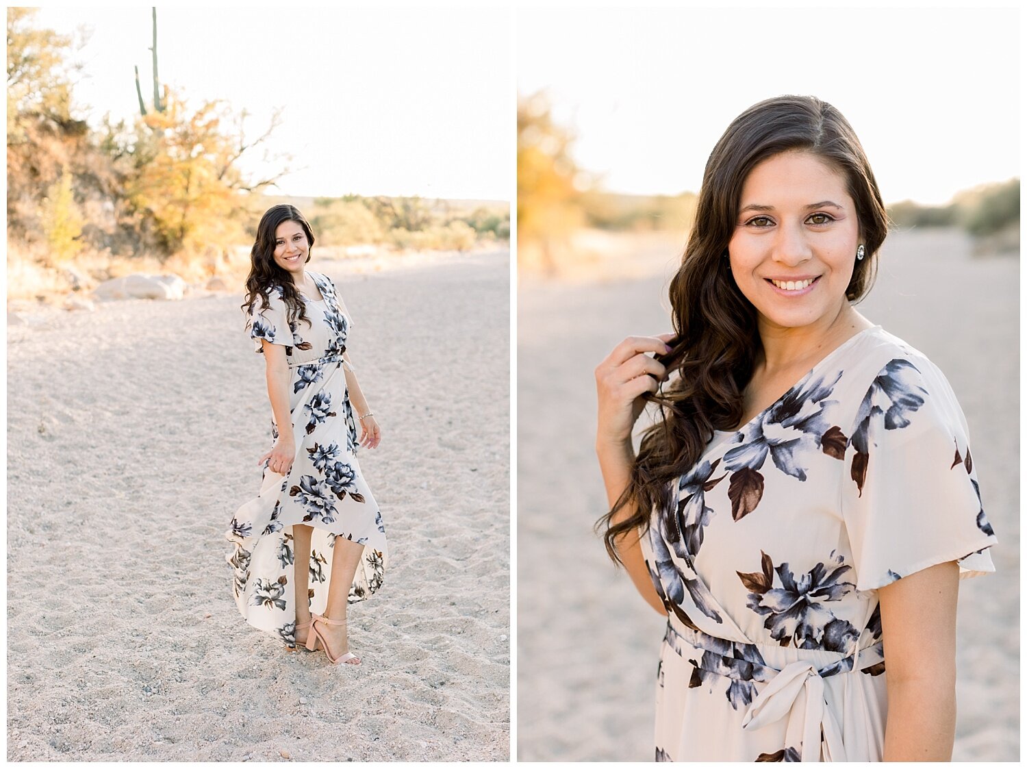 Portraits of Bride-to-be during her engagement session at Catalina State Park. She chose to wear an ivory high-low flowy dress with navy blue floral motif.