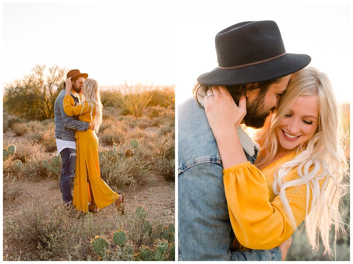 Wearing a hat to your engagement session. Boho engagement session in the Tucson desert.