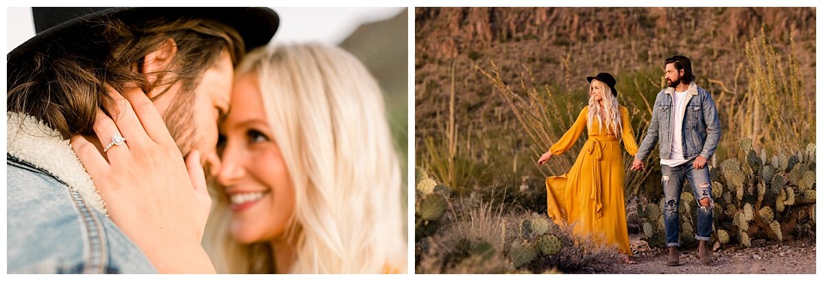 Tucson Engagement Session in the desert at Gates Pass. Stunning Oval diamond wedding ring. Bride to be wearing a flowy golden yellow flowy gown. Groom to be wearing ripped jeans and denim jacket. Romantic and intimate Engagement Session taken by Mel…