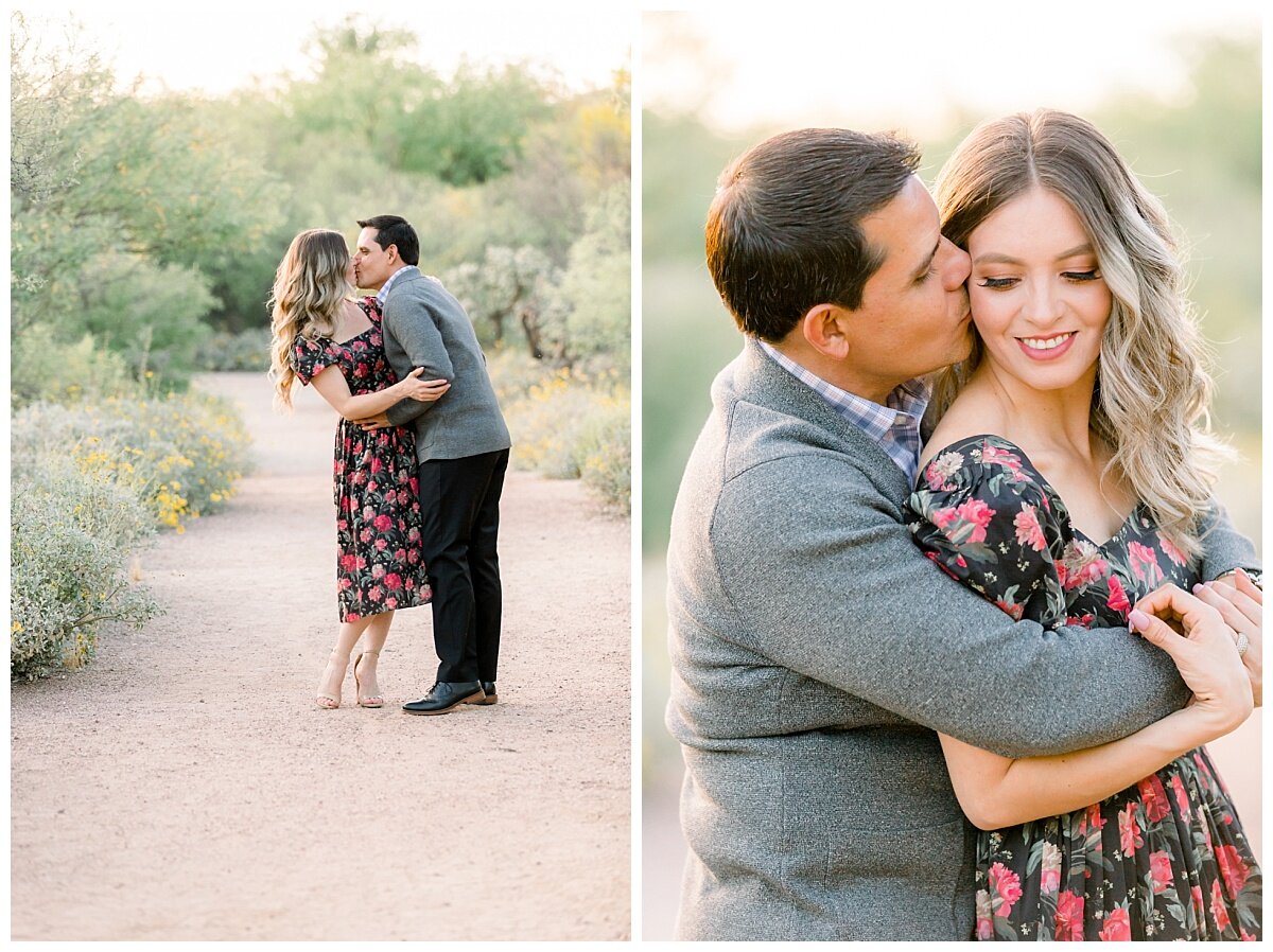 Tucson Engagement Session in the Desert. Tucson Wedding Photographer Melissa Fritzsche Photography photographed this engaged couple at Honey Bee Canyon. She wore a black dress with red flowers. He wore a gray sweater with black slacks. This was a gr…