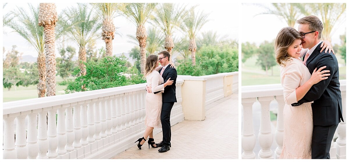 Engagement session at Tucson Omni National Resort. Bride wearing blush pink lace dress and groom black suit. Tucson Wedding Photographer Melissa Fritzsche Photography captured this romantic engagement session.
