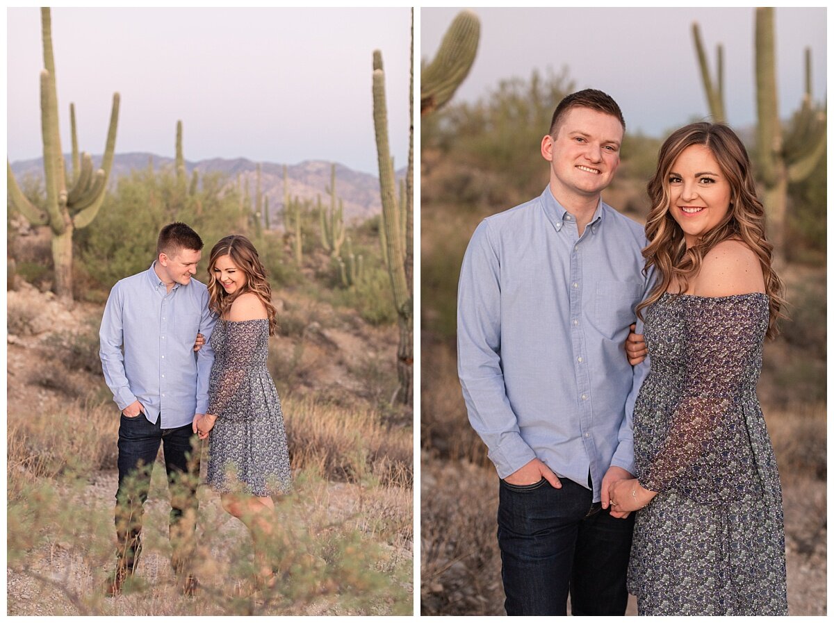 Engagement pictures in Arizona with saguaros and mountains.