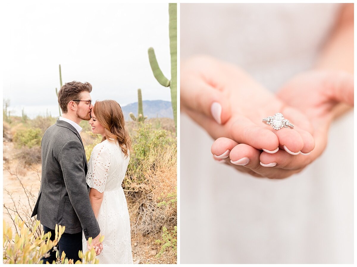 Detail of engagement ring in bride's hands during engagement session in the desert