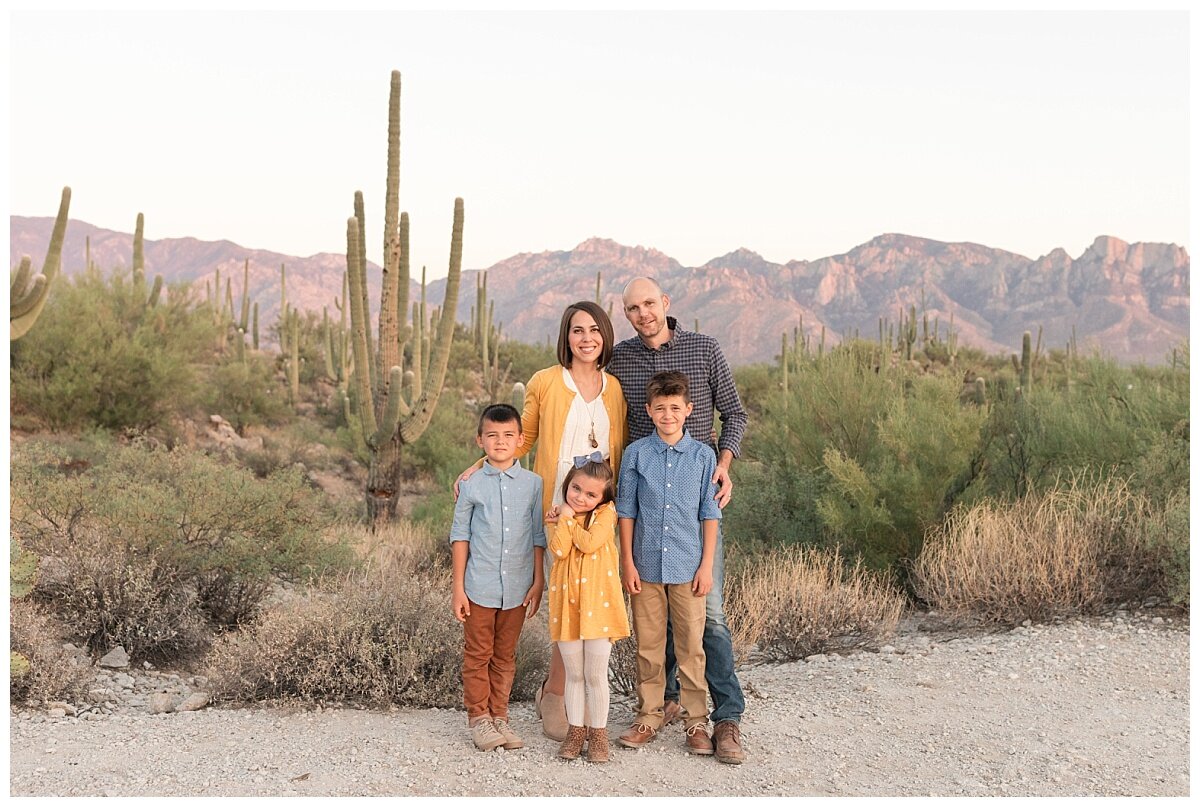 Honey Bee Canyon Family Portrait with Catalina Mountains as a backdrop. Desert Family Session.