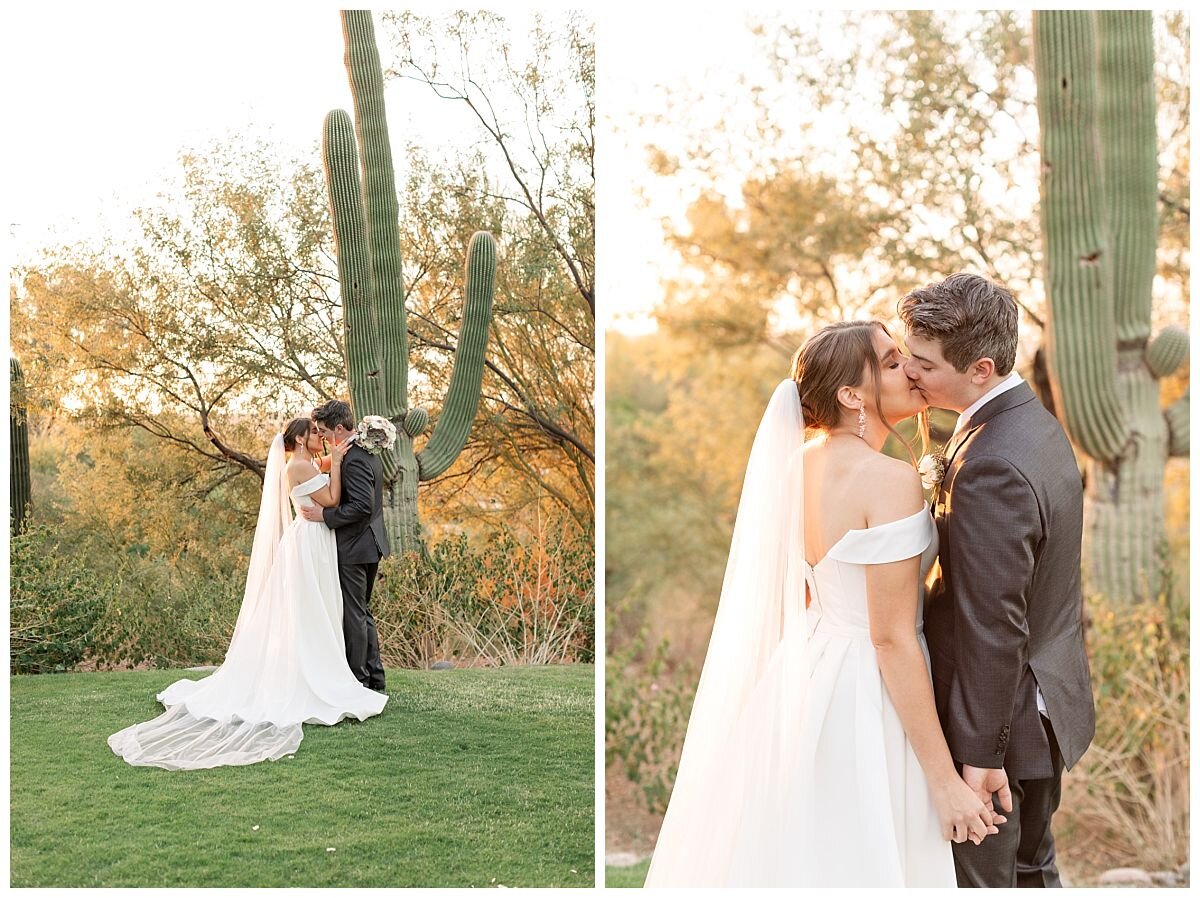 Bride and Groom on their wedding day at the Hilton El Conquistador Resort in Oro Valley, Arizona. Saguaro Cacti in the background make beautiful portraits on a wedding day.