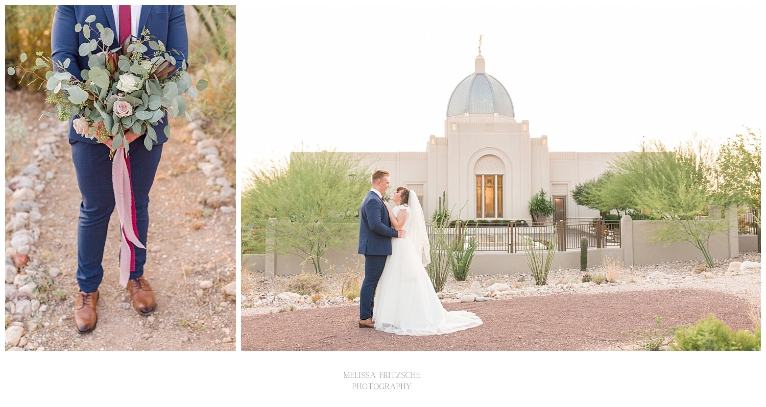 Groom holds bride’s eucalyptus and rose bridal bouquet with the Tucson desert as a backdrop behind him.