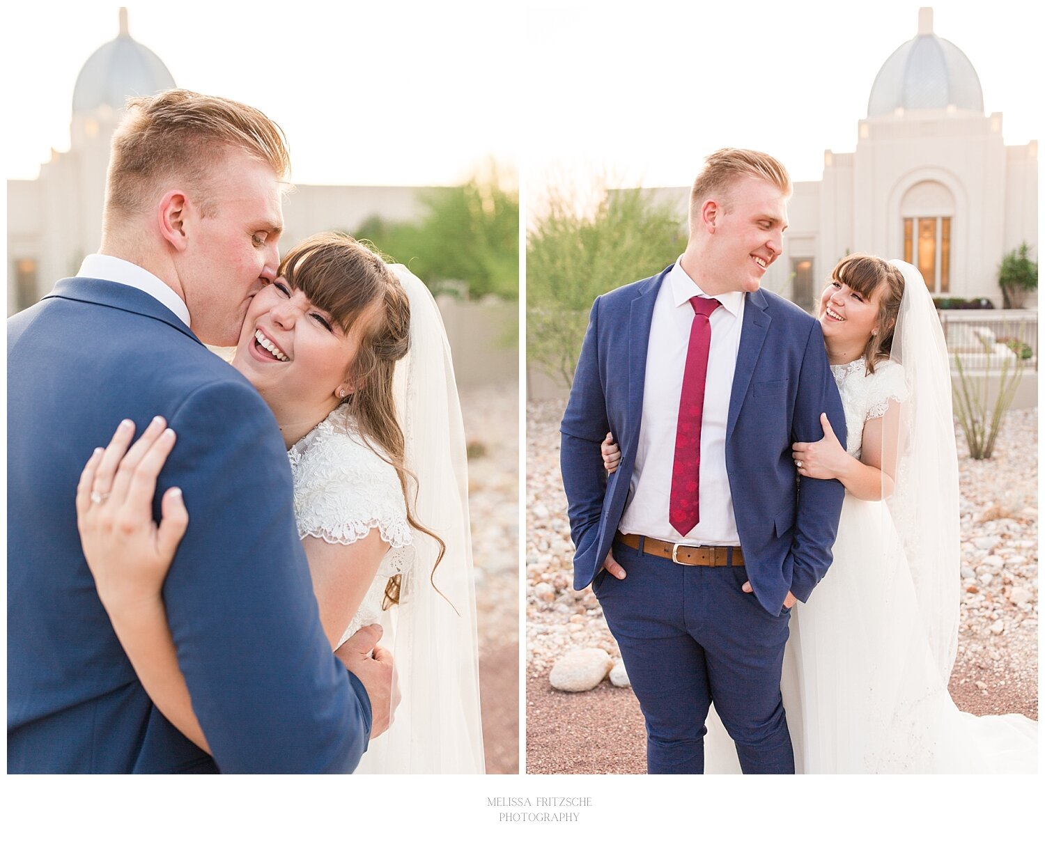 Joyful wedding photography by Melissa Fritzsche Photography in Tucson, Arizona. Bride and Groom in front to the fountains at the Tucson Temple.