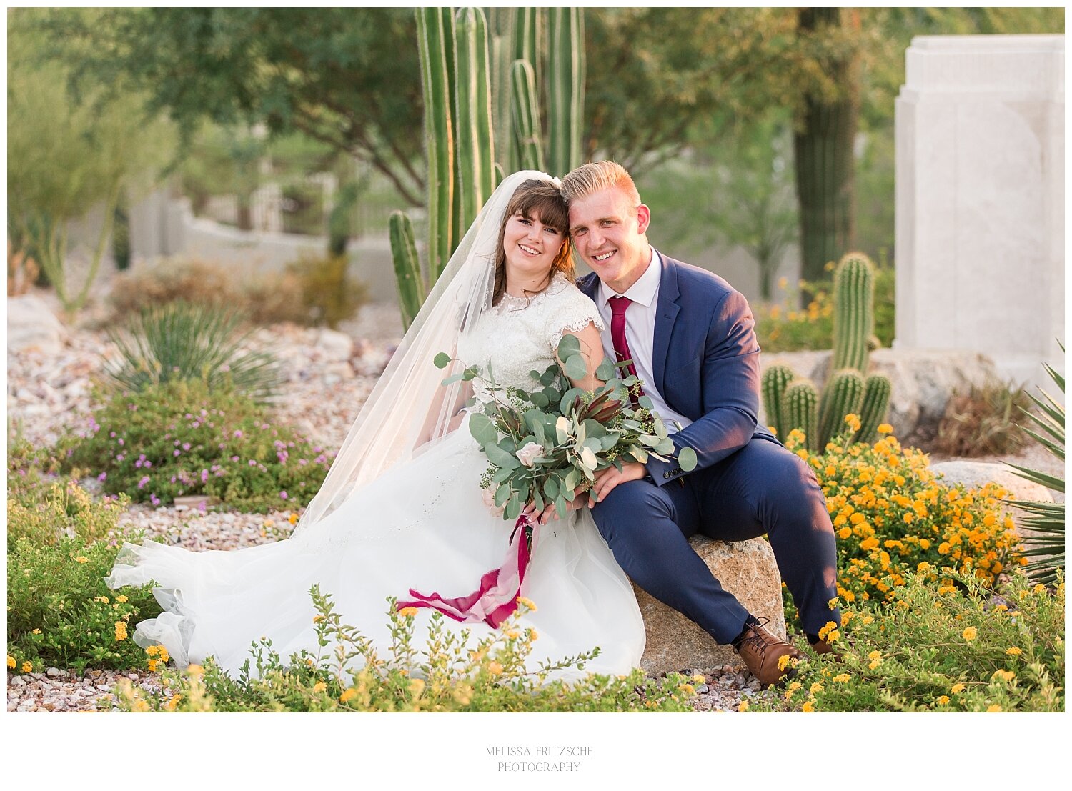 Bride and Groom sitting down in front of the Tucson Temple on their wedding day.