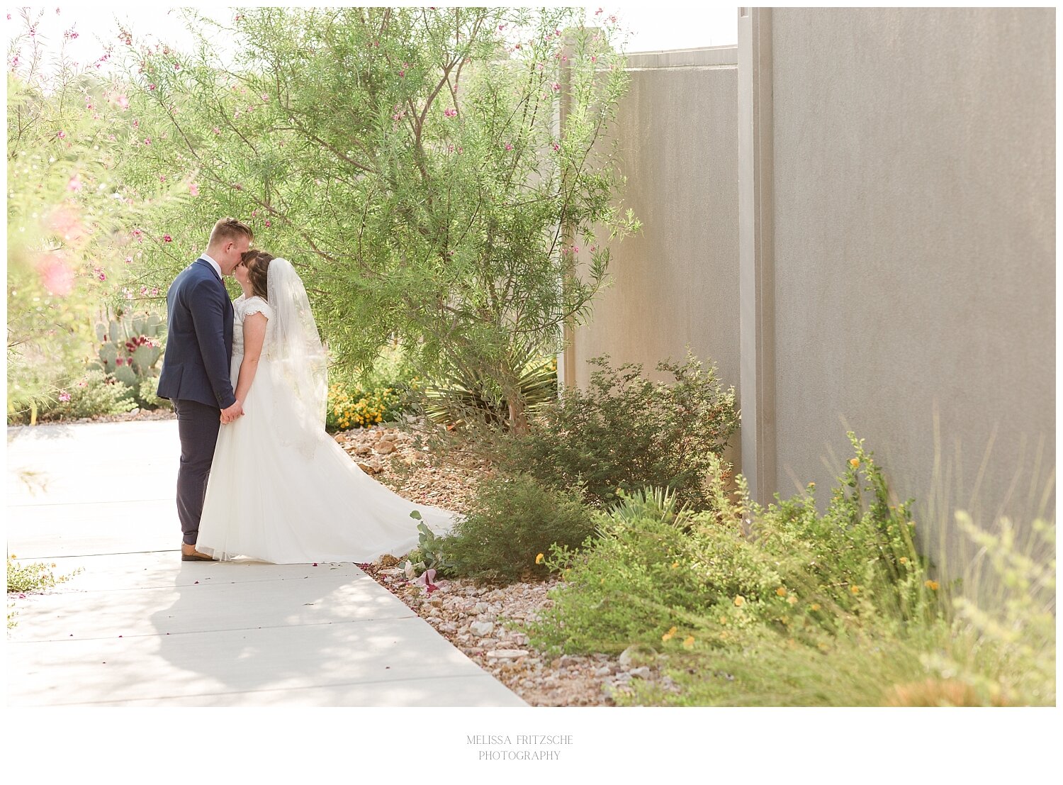 Bride and Groom Pictues on wedding day at Tucson Temple in Arizona.
