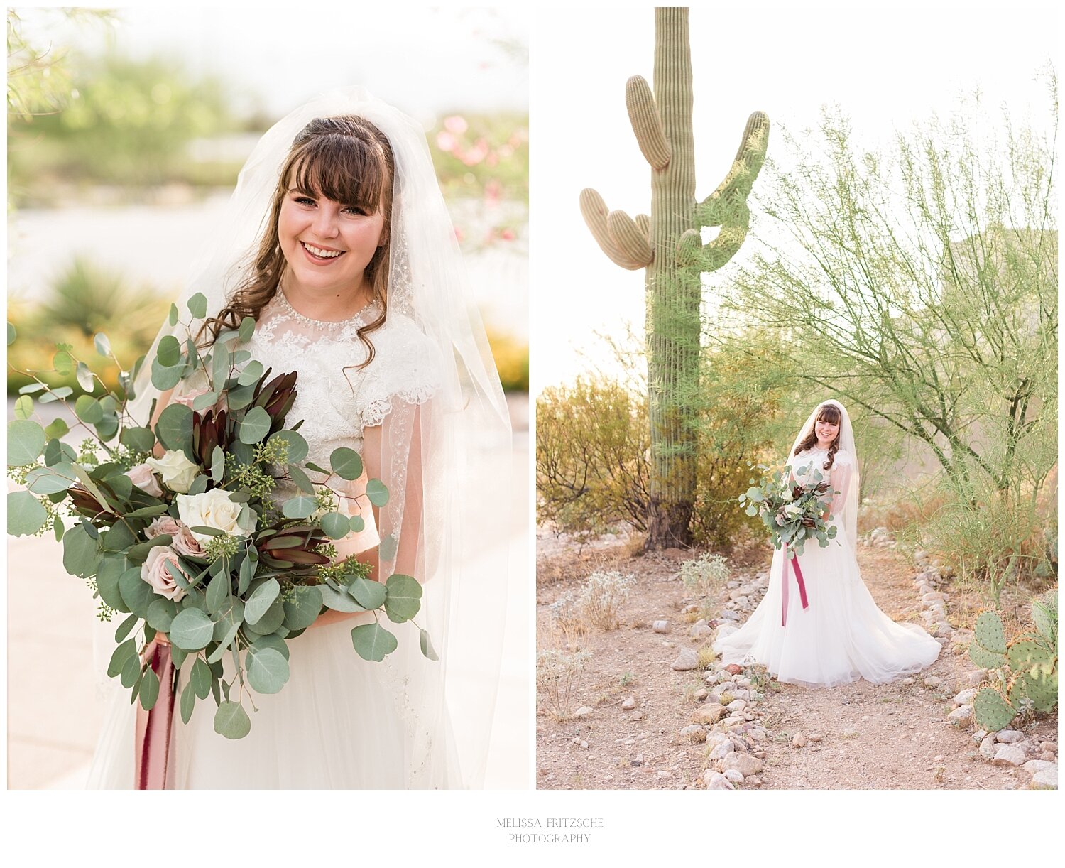 Bride standing in front of towering saguaro cacti in Tucson desert on her wedding day. Bride holding a rose and eucalyptus wedding bouquet.