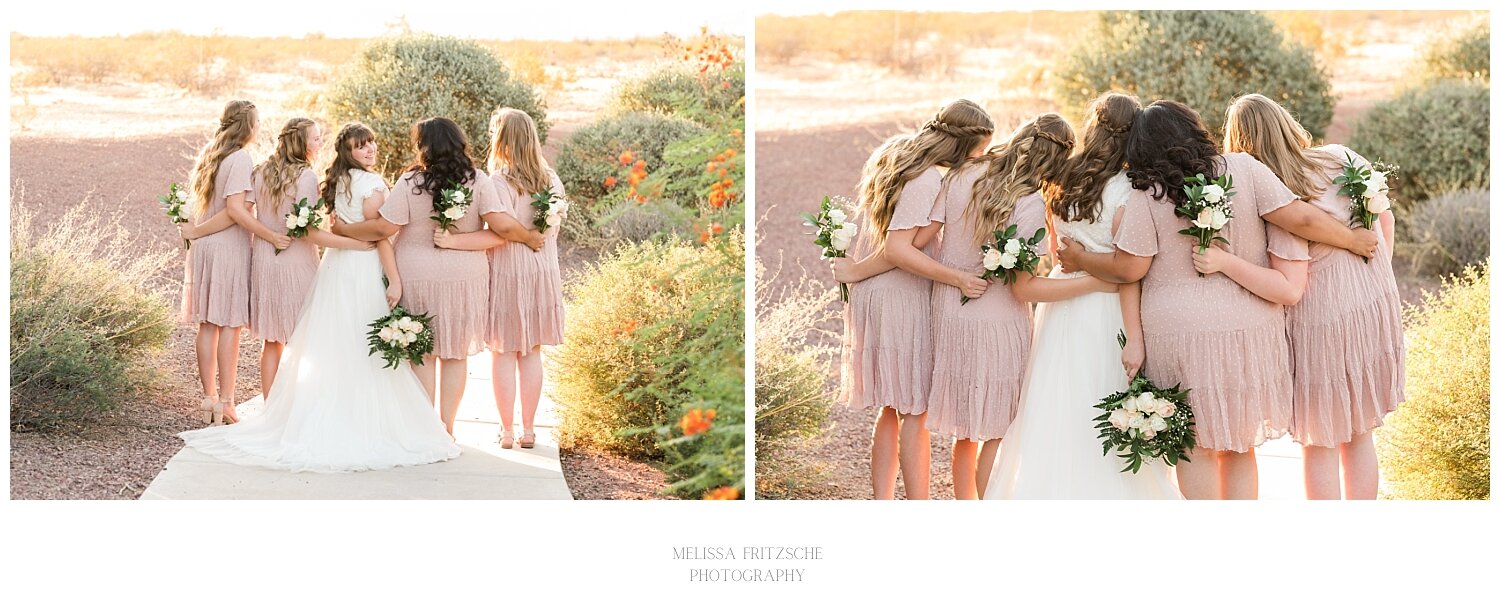 Bride and Bridesmaids wearing pink dresses on summer wedding day in Tucson, Arizona.