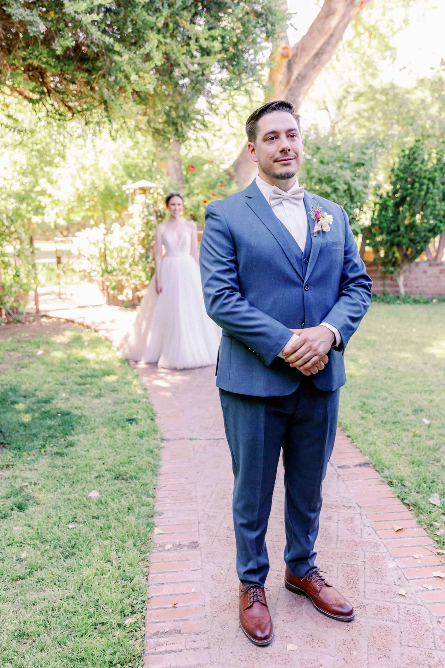 First Look during a wedding held in Tucson, Arizona at Agua Linda Farm
