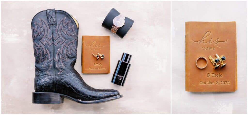 Southwest Inspired Tucson Wedding Groom's details included black cowboy boots, leather vow book, and cologne.