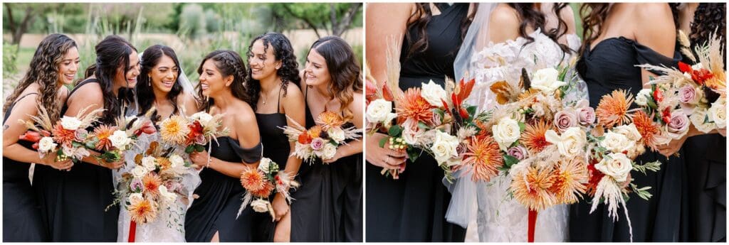 Bridesmaids wearing black floor length gowns pose during bridal party photos in Tucson, Arizona