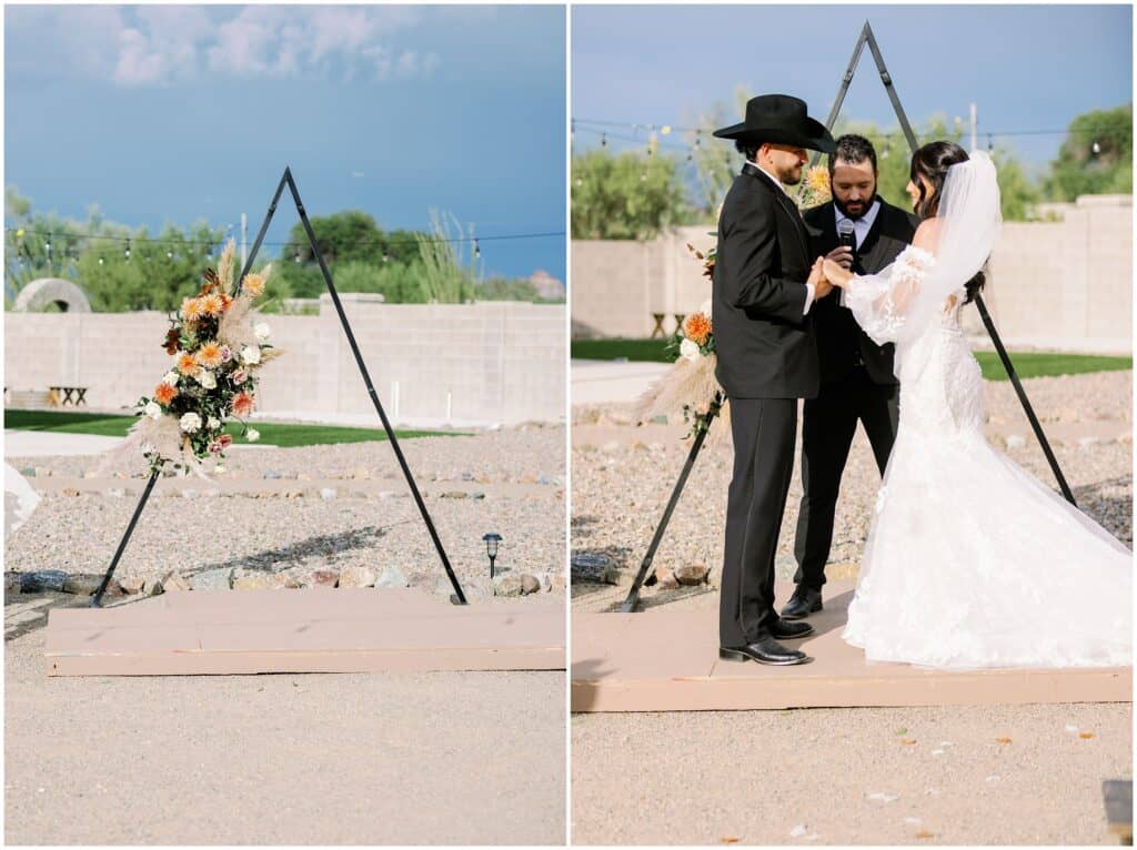 Frenchy's Rentals designed this triangle shapped arch for the bride and groom to exchange their vows in front of at this Tucson Wedding