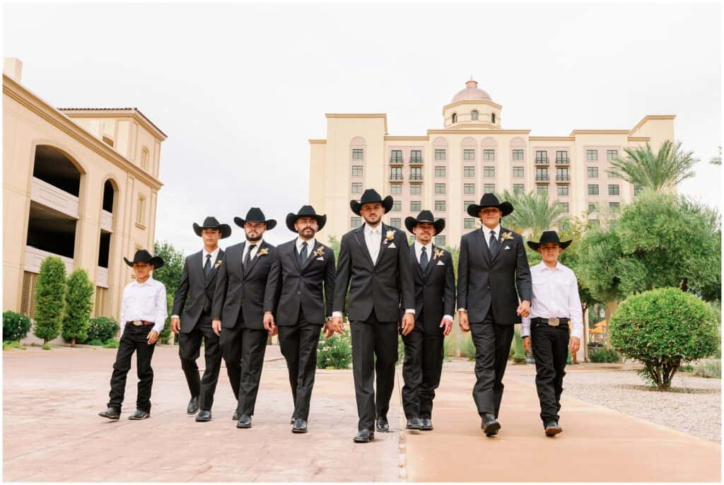 Groom wit his Groomsmen pose at Casino Del Sol for this Tucson Wedding