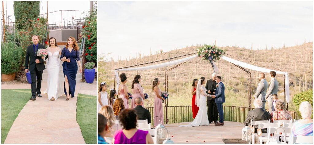 Ceremony space at Sagurao Buttes is located in front of a gorgeous mountain and desert backdrop filled with saguaro cacti.