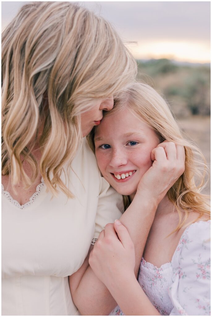 Mom and Daughter wear neutral, soft outfits at Family Session in Oro Valley, Arizona